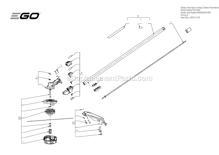 Page A Diagram and Parts List for STA1600  Ego Lawn Tractor Accessories