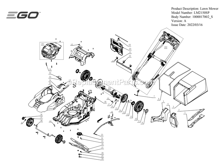 Page A Diagram and Parts List for LM2150SP A Ego Lawn Mower