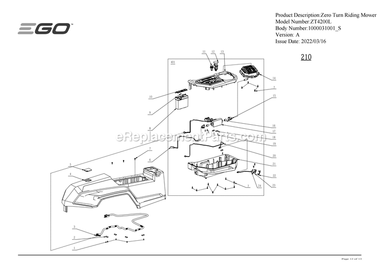 Page D Diagram and Parts List for ZT4200L A Ego Lawn Mower