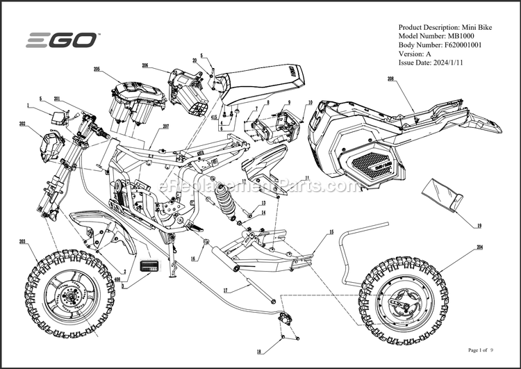 Page A Diagram and Parts List for MB1000 A Ego Lawn Tractor Accessories