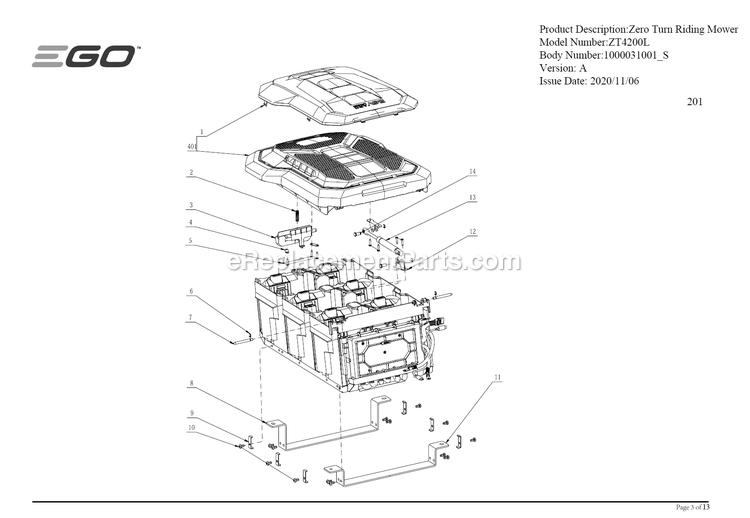 Page G Diagram and Parts List for ZT4200L A Ego Lawn Mower