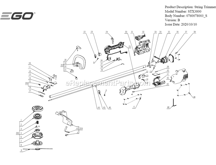 Page A Diagram and Parts List for STX3800 B Ego Trimmer