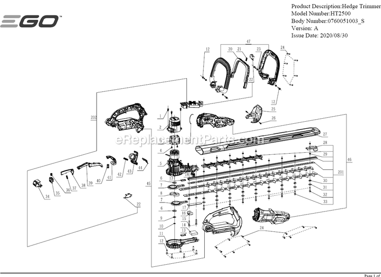 Page A Diagram and Parts List for HT2500 A Ego Hedge Trimmer