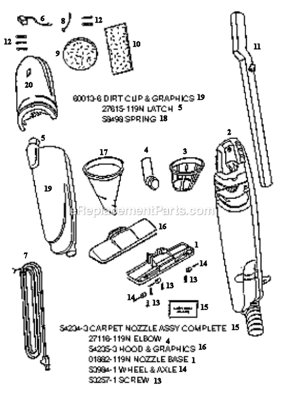 Page A Diagram and Parts List for 274A-1  Eureka Upright Vacuum