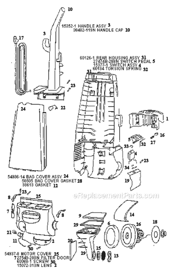 Page B Diagram and Parts List for 4352AT  Eureka Upright Vacuum