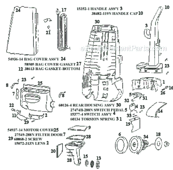 Page B Diagram and Parts List for 4352BT  Eureka Upright Vacuum
