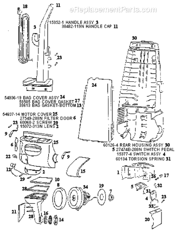 Page B Diagram and Parts List for 4352DT  Eureka Upright Vacuum