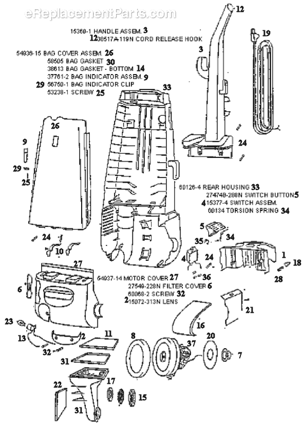 Page B Diagram and Parts List for 4462BT  Eureka Upright Vacuum