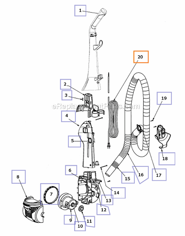 Main Body Diagram and Parts List for 4704RES  Eureka Upright Vacuum