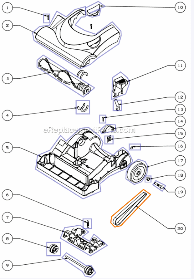 Base  Hood Diagram and Parts List for 4704RES  Eureka Upright Vacuum