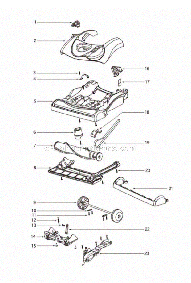 Base And Hood Assembly Diagram and Parts List for 4870F  Eureka Upright Vacuum