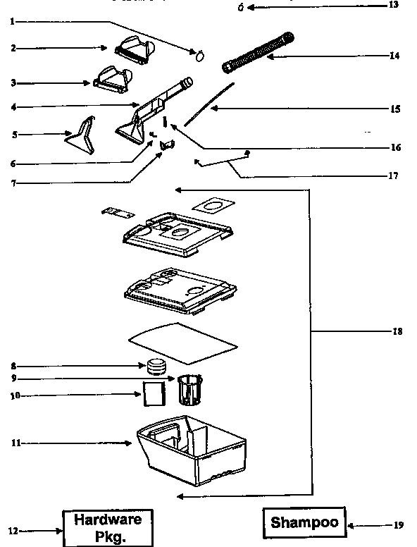 Recovery Tank Assembly Diagram and Parts List for 2440A  Eureka Upright Vacuum