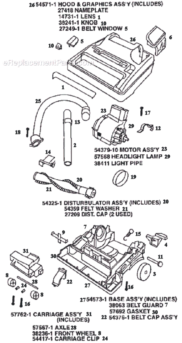 Page B Diagram and Parts List for 9845AT  Eureka Upright Vacuum