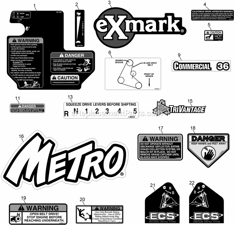 Decals Diagram and Parts List for MG16KA362CA (920000-999999)(2011) Exmark Lawn Mower