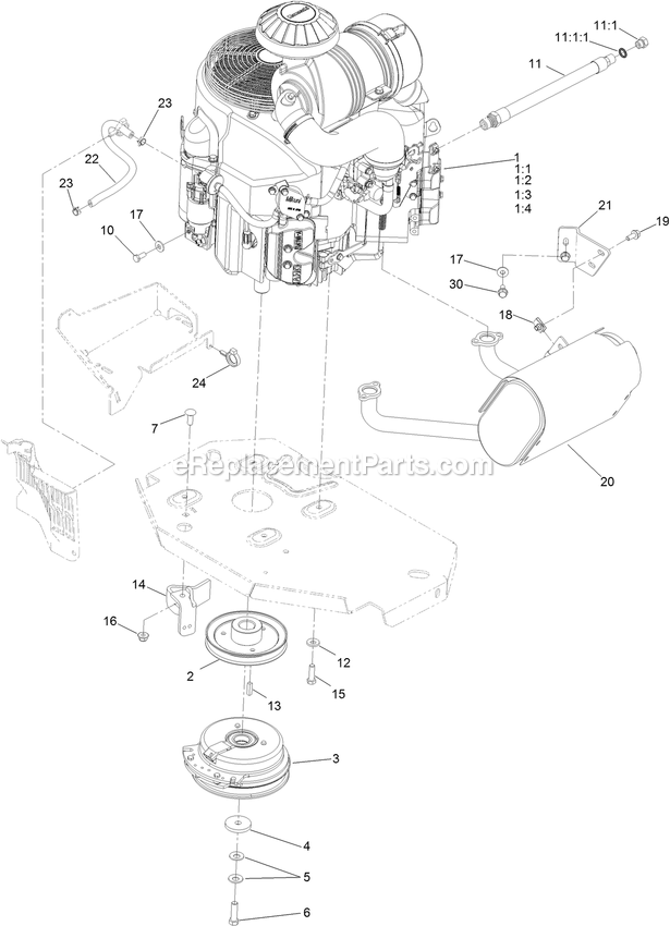 Engine, Muffler And Clutch Assembly Diagram and Parts List for LZE751GKA604C1 (400000000-402082299)(2017) Exmark Lawn Mower