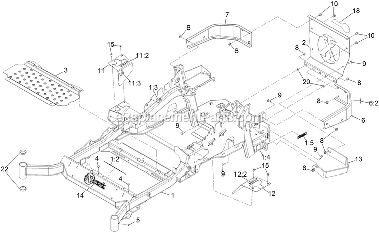 Main Frame Assembly Diagram and Parts List for LZE740EKC60400 (406294345-408644345)(2020) Exmark Lawn Mower