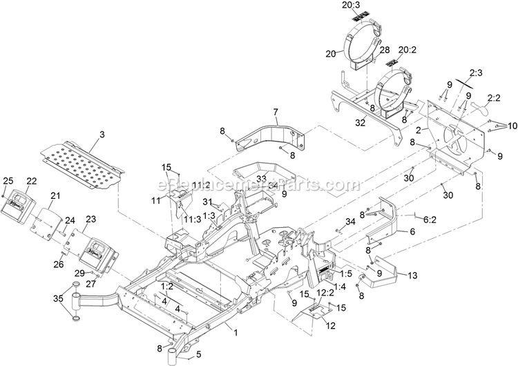 Main Frame Assembly Diagram and Parts List for LZS740PKC60400 (404314159-406294344)(2019) Exmark Lawn Mower