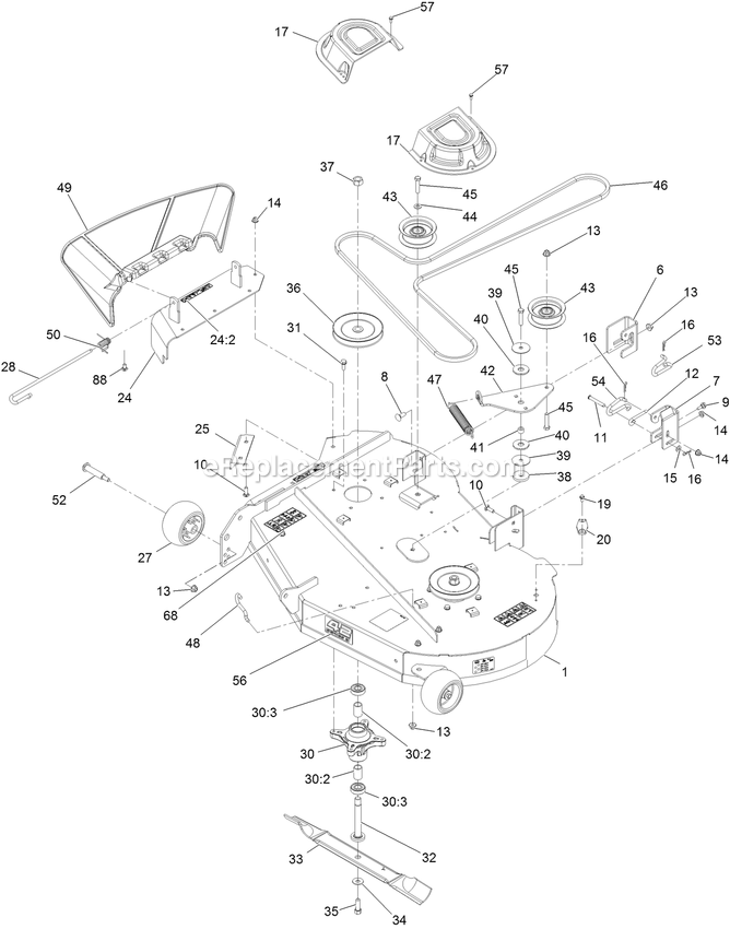 Deck Assembly Diagram and Parts List for QZE702GEM42200 (406294345-408644345)(2020) Exmark Lawn Mower