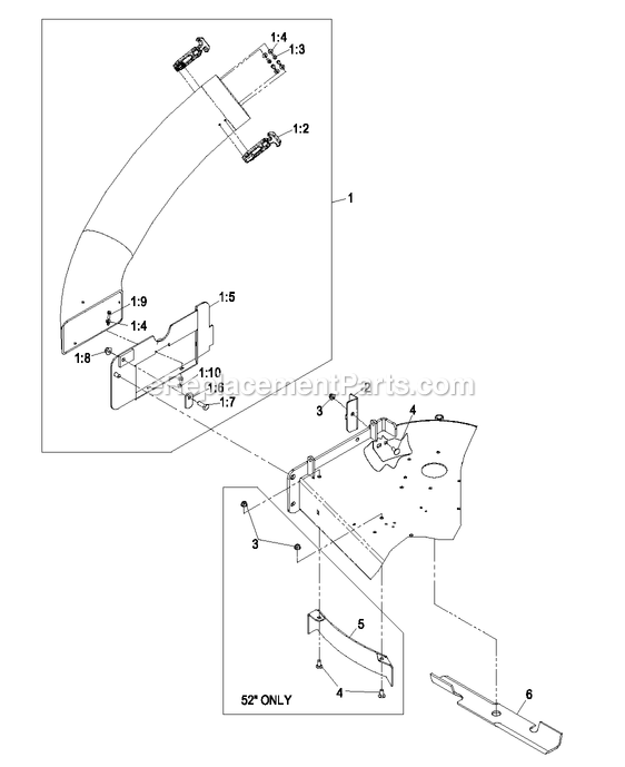 Lower Chute Assembly Diagram and Parts List for 109-5200 (670000-719999)(2007) Exmark Lawn Tractor Accessories
