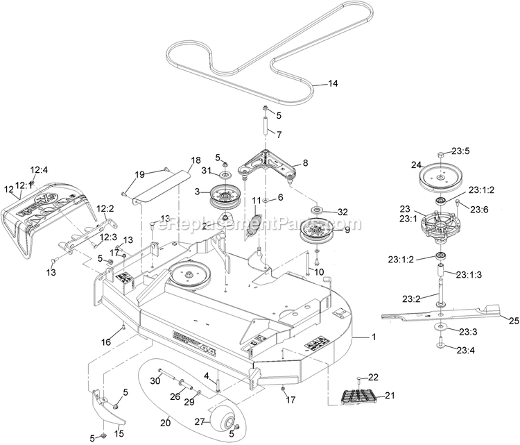 Deck Assembly Diagram and Parts List for RAE702GEM44300 (406294345-408644345)(2020) Exmark Lawn Mower