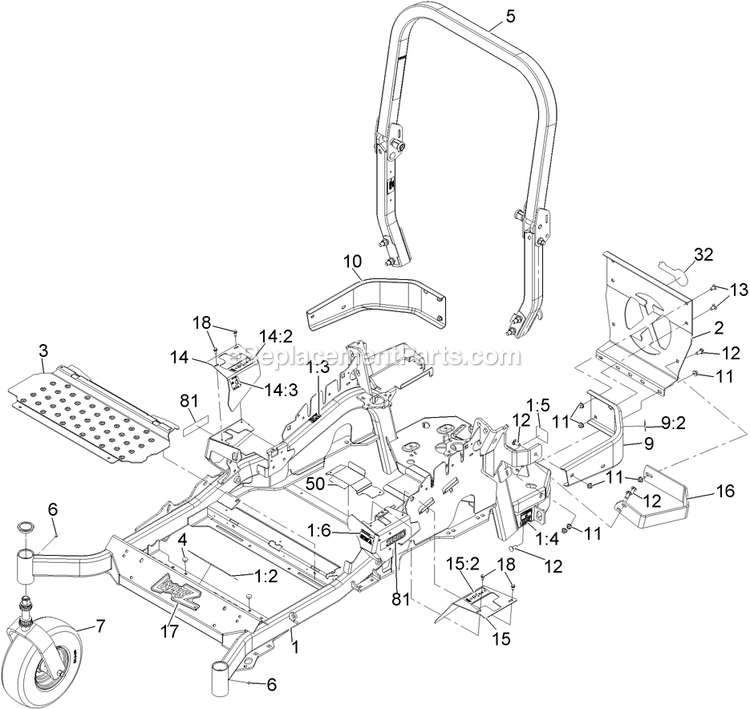 Main Frame Assembly Diagram and Parts List for LZE27KC604 (920000-999999)(2011) Exmark Lawn Mower
