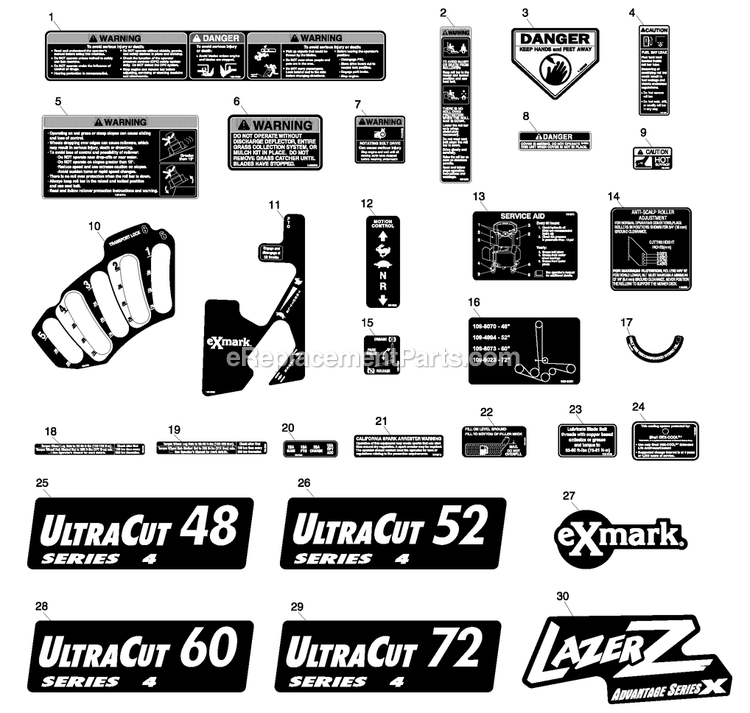 Decal Group Diagram and Parts List for LZAS22KA484CA (850000-919999)(2010) Exmark Lawn Mower