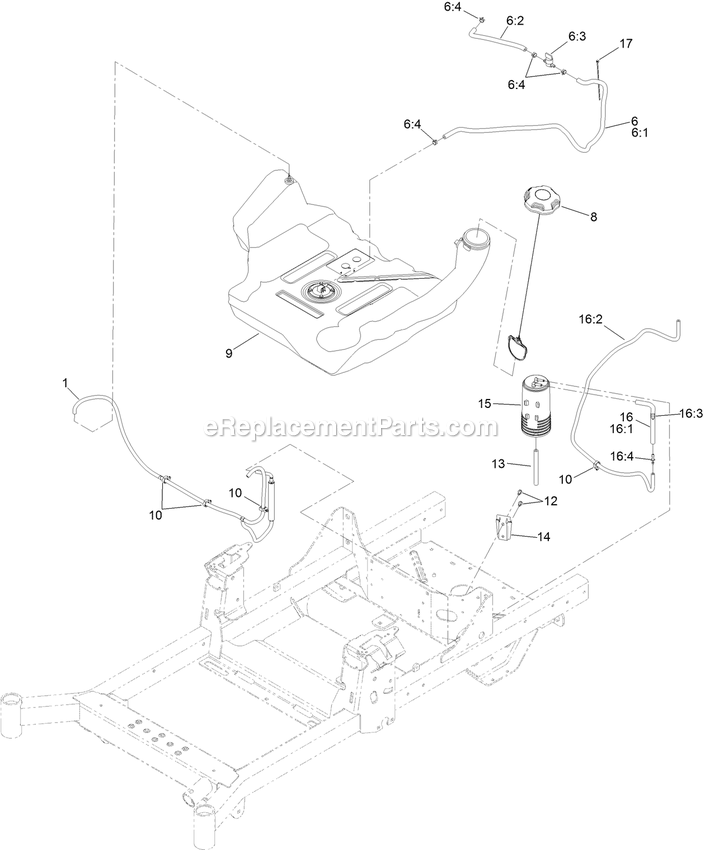 Fuel Tank And Vent Hose System Assembly Diagram and Parts List for RAE720CKC48300 (402082300-404314158)(2018) Exmark Lawn Mower