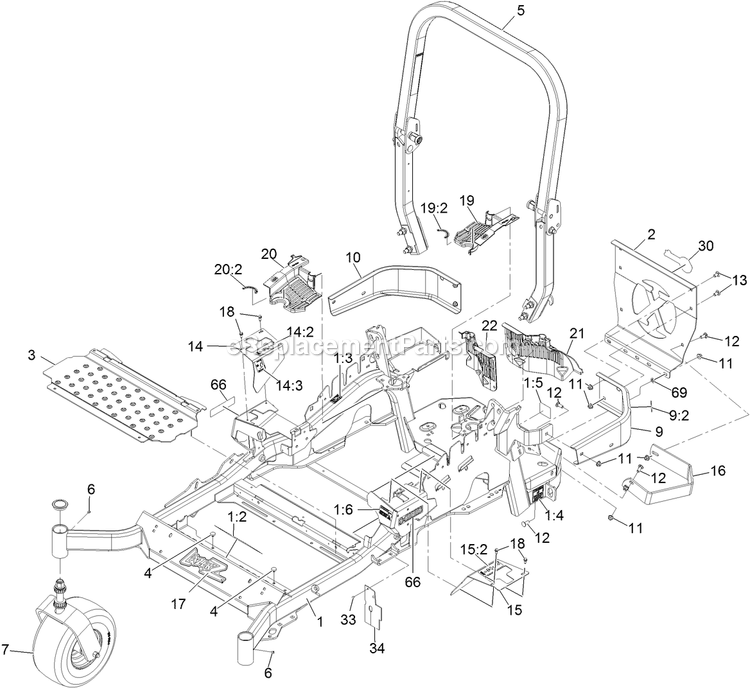 Main Frame Assembly Diagram and Parts List for LZX740EKC526 (313000000-313999999)(2013) Exmark Lawn Mower