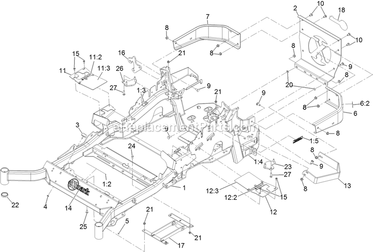 Main Frame Assembly Diagram and Parts List for LZE751GKA604C1 (408644346-999999999)(2021) Exmark Lawn Mower