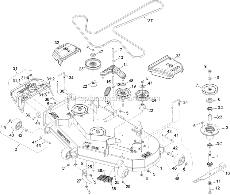 Deck Assembly Diagram and Parts List for RAX691GKA524A3 (402082300-404314158)(2018) Exmark Lawn Mower