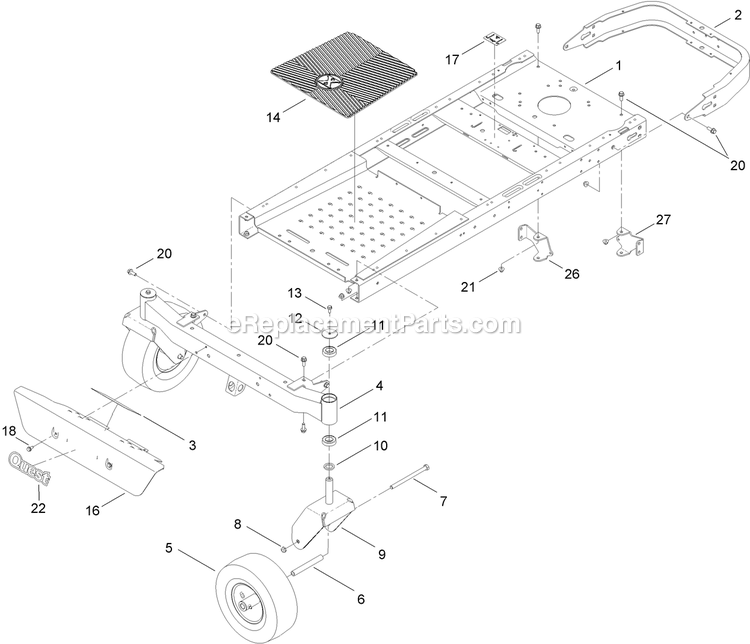 Main Frame And Front Axle Assembly Diagram and Parts List for QT24KA501 (920000-999999)(2011) Exmark Lawn Mower