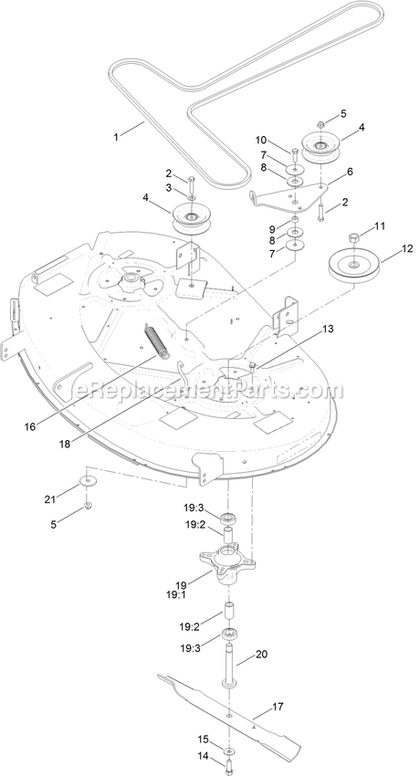 42 Inch Deck, Belt And Blade Assembly Diagram and Parts List for QTE708GEM42100 (315000000-315999999)(2015) Exmark Lawn Mower