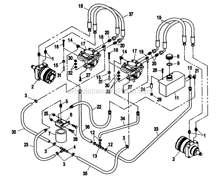 Hydraulics Group Diagram and Parts List for TT3614KC (160000-169999)(1998) Exmark Lawn Mower