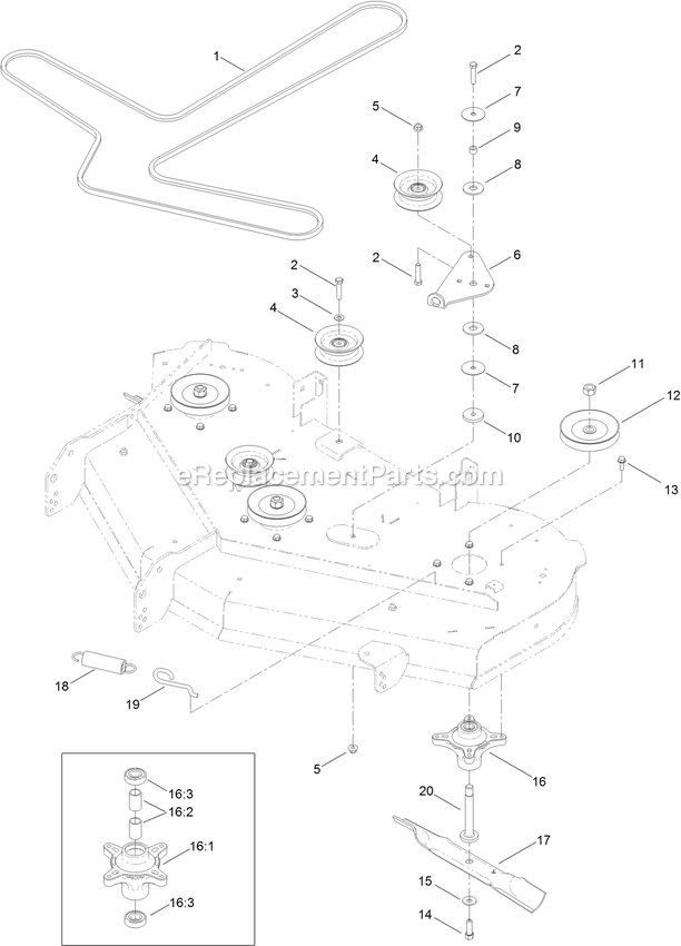 50 Inch Deck Belt, Spindle And Blade Assembly Diagram and Parts List for QSS725GKC50200 (315000000-315999999)(2015) Exmark Lawn Mower