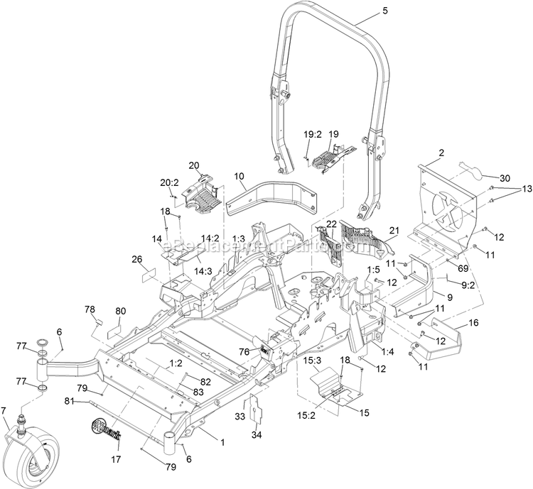Main Frame Assembly Diagram and Parts List for LZX801GKA606B1 (316000000-399999999)(2016) Exmark Lawn Mower