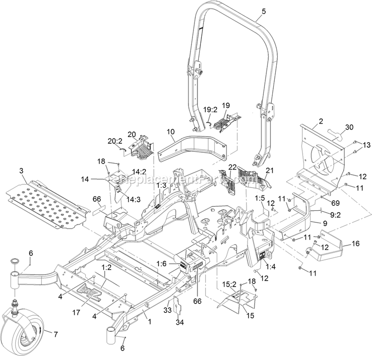 Main Frame Assembly Diagram and Parts List for LZE730KA604 (313000000-313999999)(2013) Exmark Lawn Mower