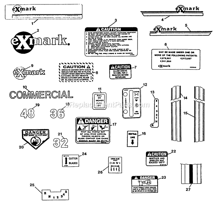 Decals Diagram and Parts List for V32-85B-5 (70000-79999)(1992) Exmark Lawn Mower