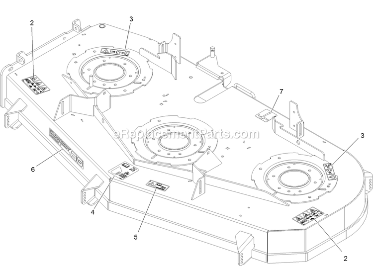 Deck With Decals Assembly Diagram and Parts List for RAX730GKA604A3 (408644346-411294211)(2021) Exmark Lawn Mower