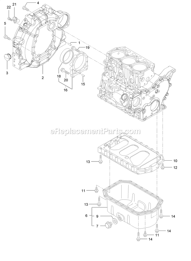 Flywheel Housing And Oil Sump Assembly Diagram and Parts List for LZS88CDYM96RW0 (402082300-404314158)(2018) Exmark Lawn Mower