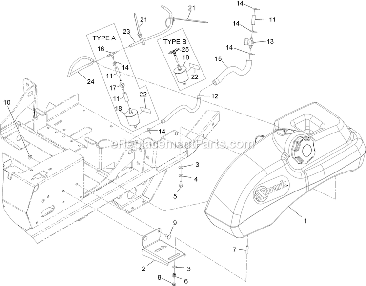 Fuel Tank Mounting Assembly Diagram and Parts List for PNE22KA482 (920000-999999)(2011) Exmark Lawn Mower