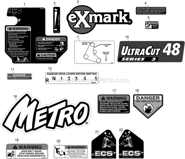 Decals Diagram and Parts List for MG481KA483CA (312000000-312999999)(2012) Exmark Lawn Mower