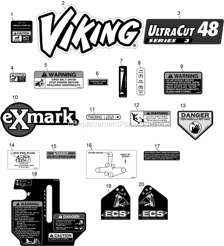 Decals Diagram and Parts List for VH481KA483 (314000000-314999999)(2014) Exmark Lawn Mower