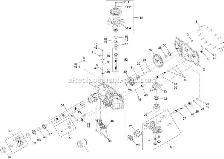 Left Hand Hydro Transaxle Assembly Diagram and Parts List for QZS708GEM50200 (406294345-408644345)(2020) Exmark Lawn Mower