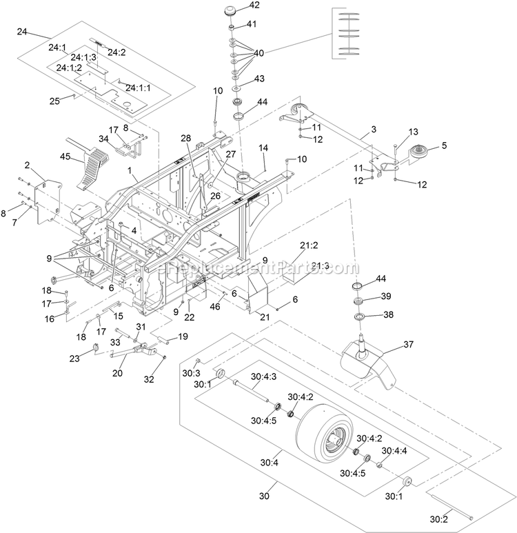 Main Frame Assembly Diagram and Parts List for NVS730AKC48000 (402082300-404314158)(2018) Exmark Lawn Mower