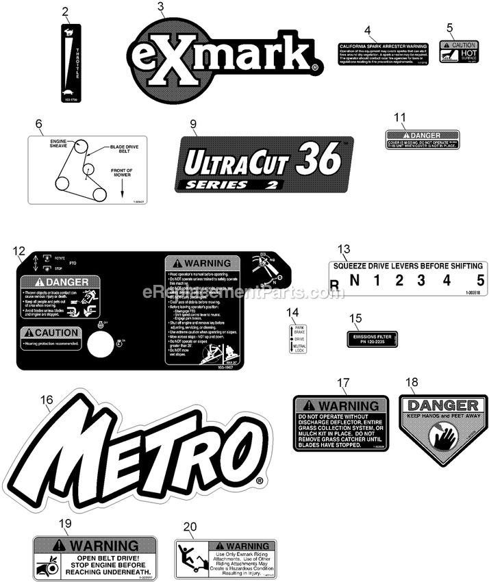 Decals Diagram and Parts List for MG481KA362P (312000000-312999999)(2012) Exmark Lawn Mower