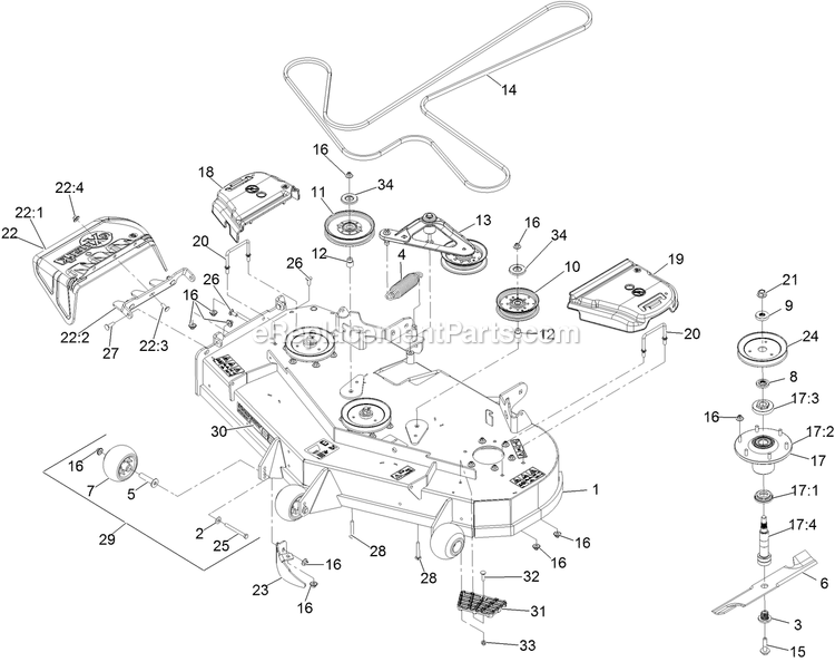 Deck Assembly Diagram and Parts List for LZX740EKC526W0 (400000000-499999999)(2017) Exmark Lawn Mower