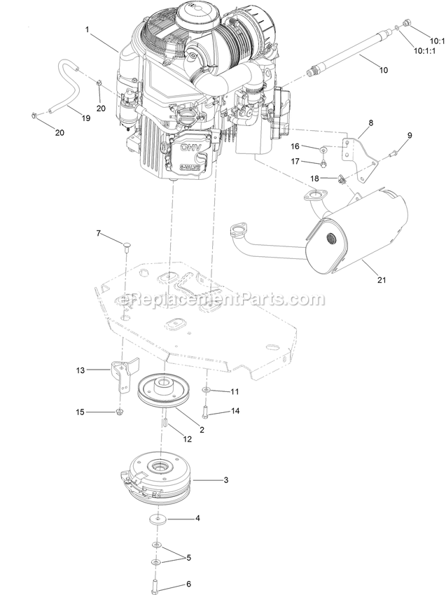 Engine, Clutch And Muffler Assembly Diagram and Parts List for LZX921GKA726B1 (316000000-399999999)(2016) Exmark Lawn Mower