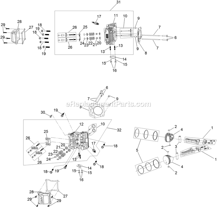 Piston And Cylinder Head Assembly Diagram and Parts List for RAS708GEM523C3 (402082300-404314158)(2018) Exmark Lawn Mower