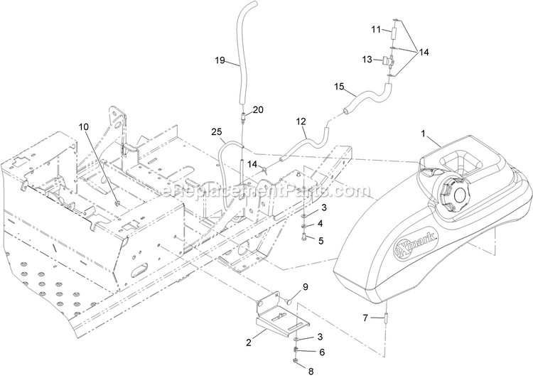 Fuel Tank Mounting Assembly Diagram and Parts List for PNS20KA443 (920000-999999)(2011) Exmark Lawn Mower