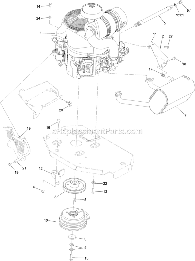 Engine, Clutch And Muffler Assembly Diagram and Parts List for LZE730GKA604B3 (315000000-315999999)(2015) Exmark Lawn Mower